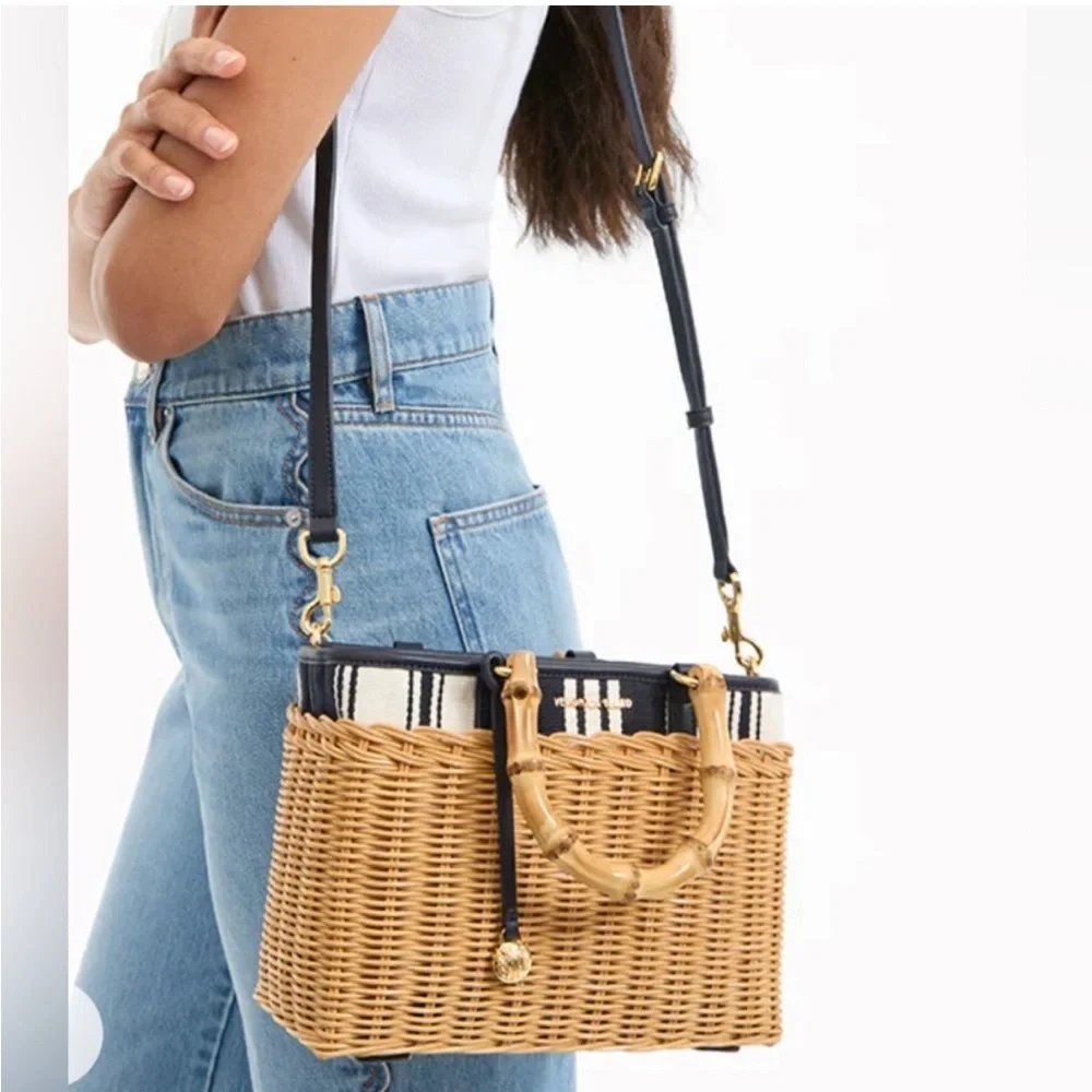 Veronica Beard Porto Crossbody Bag Natural Wicker & Navy Canvas Stripe - NWT
